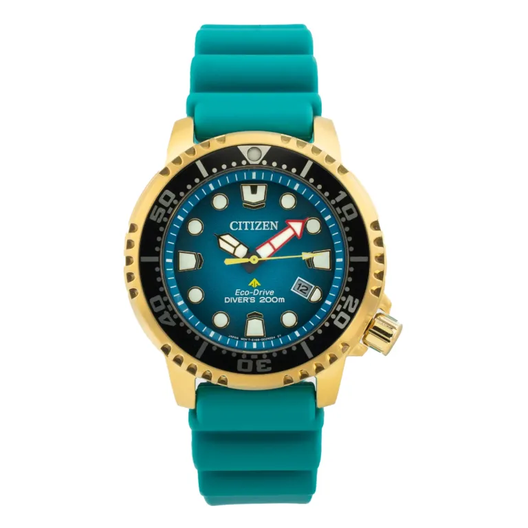 Gold Citizen Eco-Drive divers watch with a blue dial, turquoise strap, and bold hour markers, water-resistant up to 200 meters.